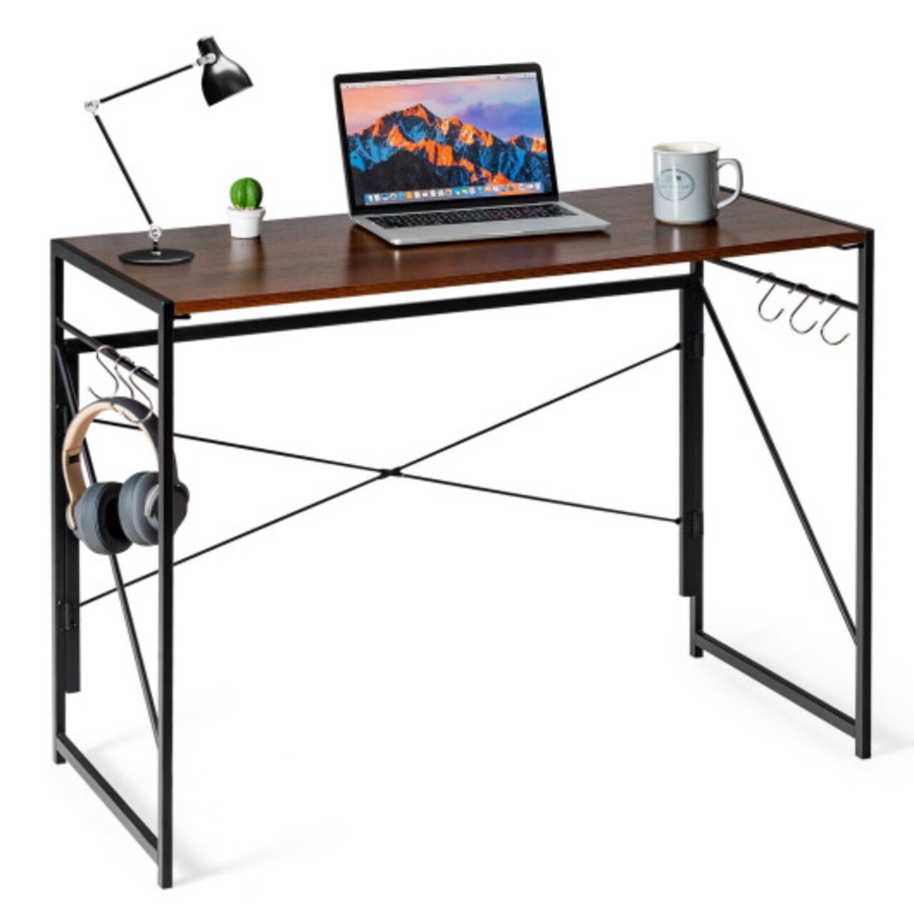Folding Computer Desk Writing Study Desk Home Office with 6 Hooks